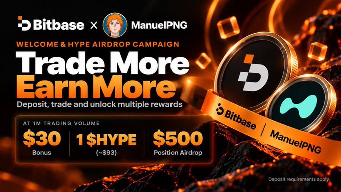 Advertisement for a 'Bitbase x ManuelPNG' airdrop campaign featuring 'Trade More Earn More' with rewards including a $30 bonus, 1 $HYPE token (~$93), and $500 Position Airdrop at 1M trading volume.