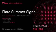 A promotional graphic for the "Flare Summer Signal" hackathon by Flare Networks, displayed with a dark background and red dotted globe design, announcing a prize pool of $12,000, registration via DoraHacks, and event dates from June 28 to August 30, 2024. The image supports the post's message by visually highlighting the hackathon's open invitation to developers across both tracks: interoperable asset products and confidential compute apps.