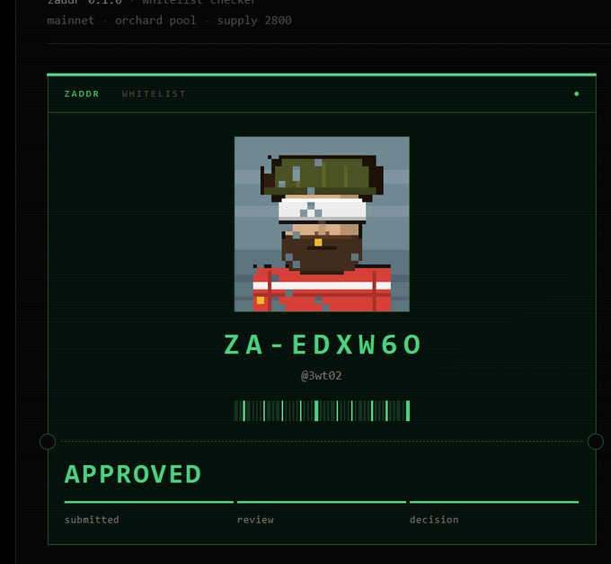 A ZADDR whitelist approval screen showing a pixel art character in a red outfit with the address ZA-EDXW60 and handle @3wt02 marked as APPROVED.