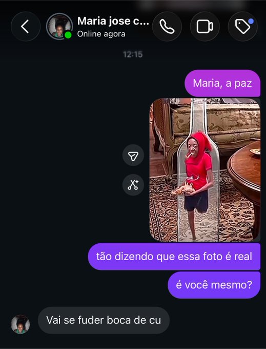 A screenshot of a Messenger chat with Maria jose c... showing messages in Portuguese where someone asks 'Maria, a paz' and questions if a photo of a small person inside a giant bottle is real, receiving a hostile reply.