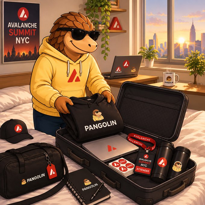 An anthropomorphic pangolin wearing sunglasses and a yellow 'Avalanche' hoodie packs branded merchandise for the 'AVALANCHE SUMMIT NYC' event in an open suitcase.