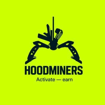 A bright yellow logo for 'HOODMINERS' featuring a stylized design of pickaxes, a drill, and tools, with the tagline 'Activate — earn'.