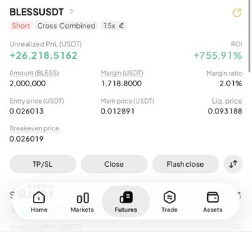 A screenshot of a futures trading interface shows a short position on $BLESSUSDT with 15x leverage, displaying an unrealized profit of +26,218.5162 USDT (+755.91% ROI) at a mark price of 0.012891, corresponding to the post's claim of waking up to a $26,000 profit from a revenge short trade on the BLESS token.