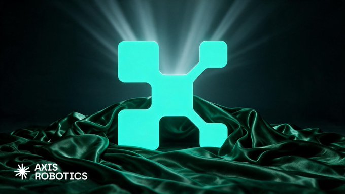 A glowing blue axis-style logo appears on a draped teal fabric with light rays behind it, with the 'AXIS ROBOTICS' branding in the bottom-left corner.