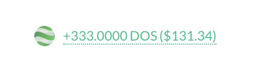A simple graphic on a white background shows a green and white coin with the text '+333.0000 DOS ($131.34)' next to a dotted green line, likely representing a transaction or balance update.