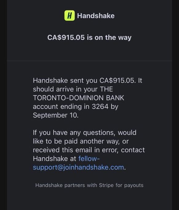 A screenshot of a Handshake notification showing a payout of CA$915.05 being sent to a TD bank account ending in 3264, expected by September 10. The user's post celebrates the payment as a blessing and expresses excitement to earn even more next week.