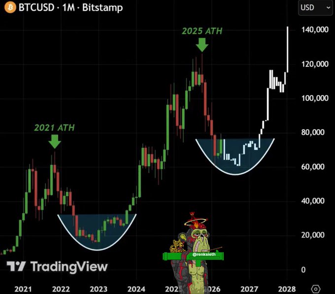 A TradingView candlestick chart for BTCUSD on Bitstamp (1M timeframe) showing the 2021 ATH near $60,000 and the 2025 ATH near $110,000-$120,000, with two cup-and-handle patterns and a cartoon grim reaper meme labeled '@niksialth'.