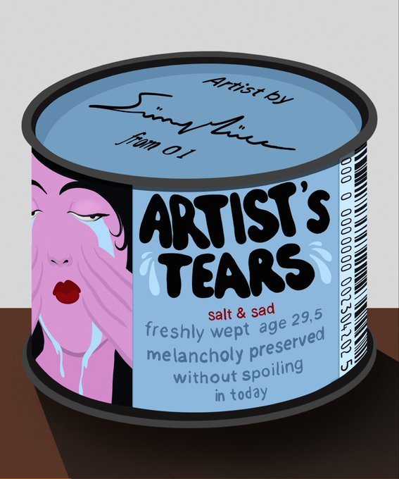 𝐀𝐫𝐭𝐢𝐬𝐭' is a can of salt that has been opened, with the lid removed. The can is sitting on top of a table or countertop. The image also contains text about artist's tears and the contents inside the can.