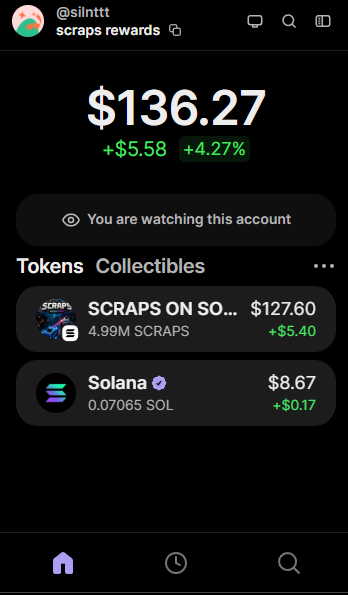 A mobile app screenshot showing a portfolio value of $136.27 (+$5.58, +4.27%) for user @slinttt, with holdings in SCRAPS ON SO ($127.60) and Solana ($8.67).