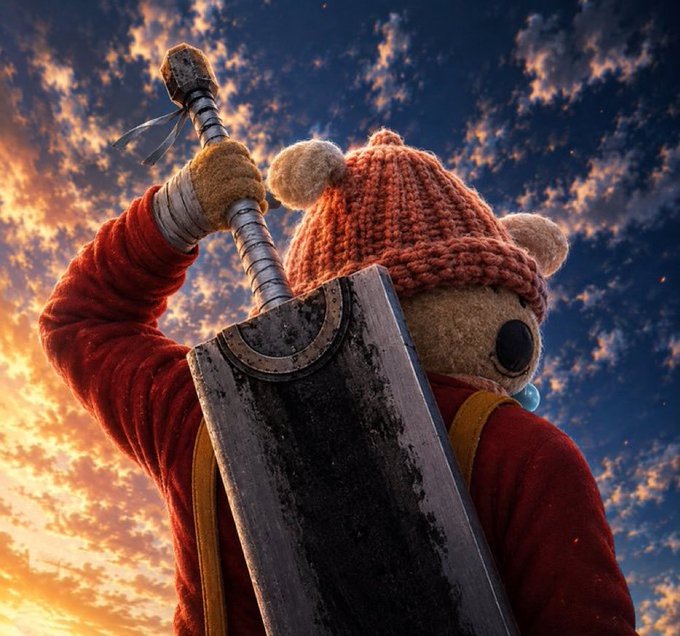 A warrior teddy bear in a red knit hat wields a massive Buster Sword against a dramatic sunset sky, channeling the iconic Final Fantasy VII hero. The image evokes the spirit of $COBY as a bold, battle-ready contender ready to face the market with the courage of a seasoned warrior.