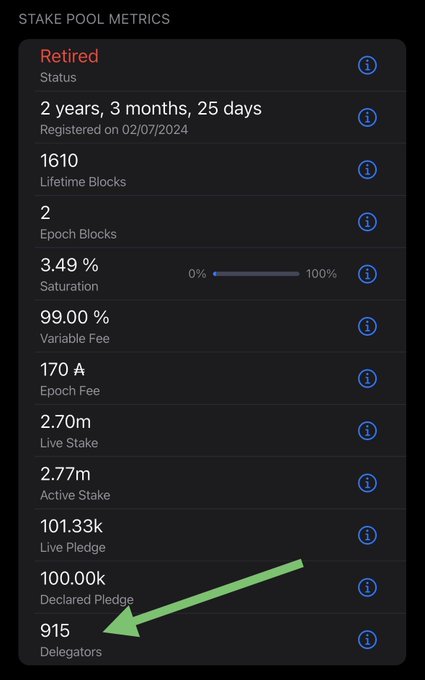 The image shows a phone screen displaying information about Cardano Stake Pool STUFF, which has decided to retire after two years of operation. The user's attention is drawn towards the retirement details, with a green arrow pointing out the relevant information. The post also mentions that the stake pool will be assigned to Delegators who choose to use the ADAM VIP pools for maximum rewards.