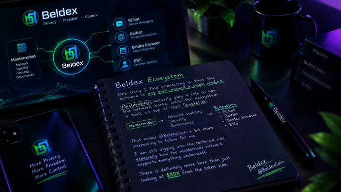A promotional image for 'Beldex' displays its ecosystem products alongside a notebook detailing 'Masternodes' and 'Ecosystem' components, surrounded by a mug, books, and phone.