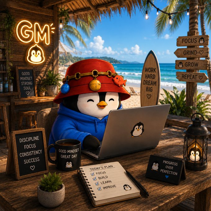 The image features a penguin sitting at a desk with a laptop, surrounded by various items such as a notebook, pen, cup of coffee or tea, potted plants, and other objects like a book and a plant. The penguin is wearing a red hat and appears to be working on the laptop while enjoying some refreshments.

The post reads: "Focus on what is in the image and how it relates to the post." This suggests that the image might be related to the concept of focusing on one's goals or tasks, as indicated by the penguin's activities with a notebook and pen. The presence of potted plants also implies an appreciation for nature and its calming effects, which can help in maintaining focus and productivity.