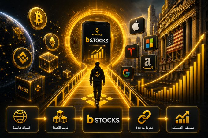 A promotional graphic for 'Binance Stocks' featuring a person walking on a glowing bridge, surrounded by crypto and tech logos (Bitcoin, Binance, Apple, Microsoft, Tesla, Amazon, Google), with Arabic text including 'أسواق عالمية' and 'ترميز الأصول'.