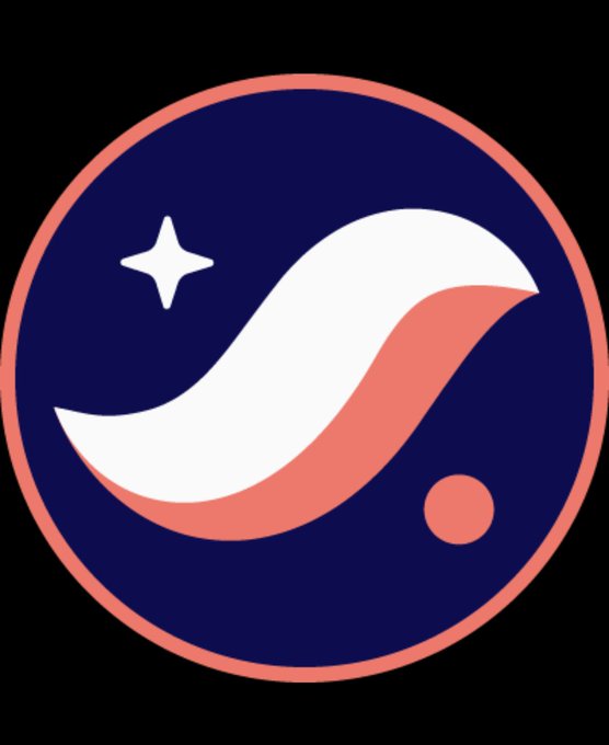 A circular logo featuring a stylized crescent moon design with a star, rendered in dark blue, light blue, white, and pink colors.