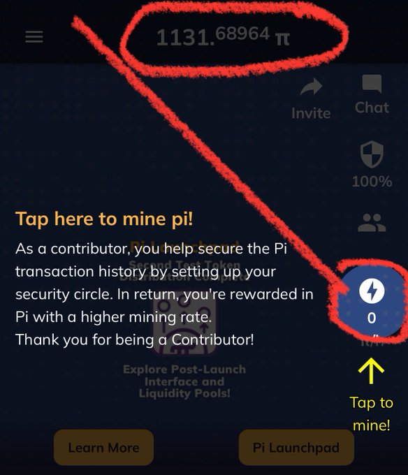 The image shows a screenshot of the Pi Network mining app, displaying a current mining rate of 1131.68964 π and a "Tap here to mine pi!" prompt with a lightning bolt button to start mining. It directly relates to the post by showing the interface where Pi Network pioneers would tap to mine their $PI tokens daily.
