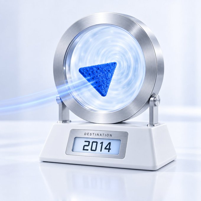 A futuristic 3D render of a metallic portal device with a swirling blue energy vortex containing a textured blue triangular play button, mounted on a white base displaying "DESTINATION 2014" on a digital screen.