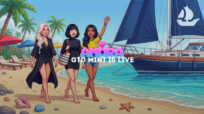 The image is a colorful cartoon illustration of three fashionable women walking along a tropical beach with a large sailboat in the background, overlaid with the text "AMORA GTD MINT IS LIVE." The artwork visually conveys the excitement and lifestyle of the Amora NFT collection launch mentioned in the accompanying post, which highlights the guarantee mint being live on OpenSea with 3,706 eligible wallets.