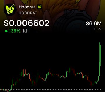 The image shows a crypto price chart for the "Hoodrat" ($HOODRAT) token, displaying a price of $0.0006602 with a 135% gain in 1 day and a $6.6M FDV, featuring a dramatic green spike on the candlestick chart. This visualizes the post's description of checking their $HOODRAT bag after it pumped, likely following Matt Furie's unexpected post about the project.