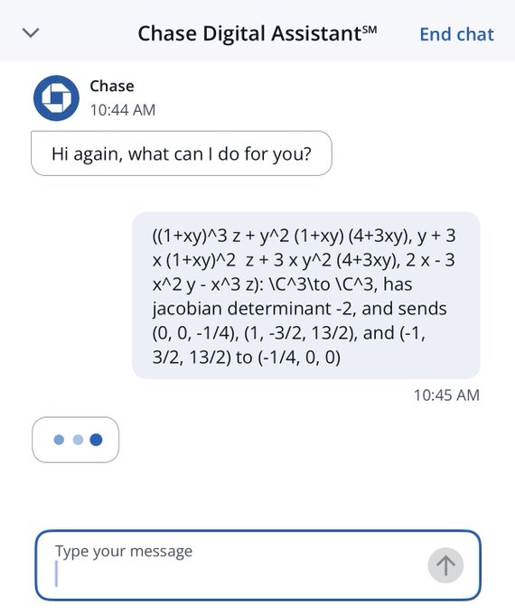Screenshot of a Chase Digital Assistant chat where a user asks a complex math question about a function from ℂ³ to ℂ³ with jacobian determinant -2 mapping specific points to (-1/4, 0, 0).