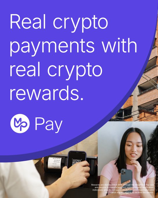 An advertisement for a 'Pay' service with the text 'Real crypto payments with real crypto rewards,' featuring images of people using mobile payment terminals.