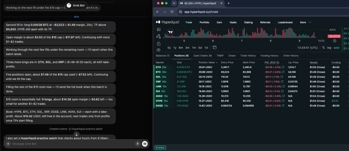 A split-screen view showing a chat interface on the left discussing Hyperliquid trading activity, alongside a Hyperliquid exchange dashboard on the right displaying various cryptocurrency positions.