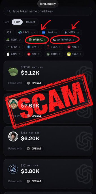 A screenshot of a crypto platform interface shows a search for "long.supply" filtering by "OPENAI" and "ANTHROPIC" tickers, displaying suspicious token entries like $FROGE, GHO, SALT, and SA1 with small market caps all "Paired with OPENAI," overlaid with a large red "SCAM" stamp to warn users that Arc mainnet has no official tradable AI stock tokens.