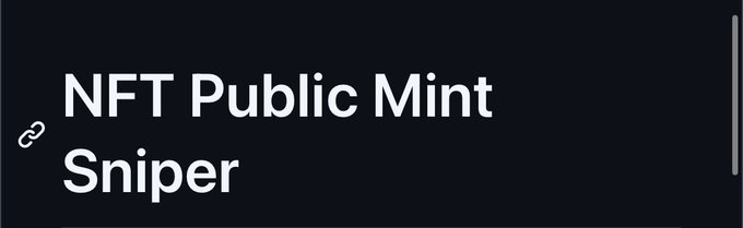 A dark banner with the white text "NFT Public Mint Sniper" alongside a link icon. The graphic serves as a header image for a post promoting free GitHub bots that automate the NFT public minting process.