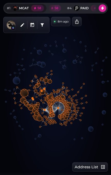 A cryptocurrency wallet visualization showing a network graph with orange and blue nodes connected by lines, with the user "MCAT" and wallet label "PAID" displayed at the top.