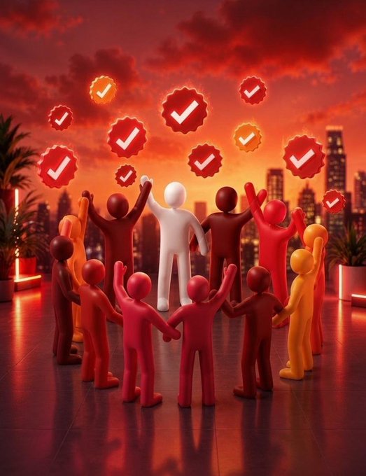 A 3D-rendered illustration of a diverse group of stylized figures holding hands in a circle on a rooftop overlooking a city skyline at sunset, with glowing red checkmark badges floating above them.