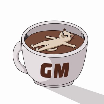 A cream-colored cat lounges blissfully in a giant coffee cup of hot chocolate, with "GM" printed on the side—referencing the crypto community's "Good Morning" greeting while promoting $CASHCAT, a meme token that swaps the typical "chasing mice" trope for "chasing generational wealth."