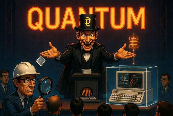 A magician labeled "QUANTUM" performs tricks in front of a crowd, sleight-of-handing cards and concealing a vintage computer in a glass case—mirroring the post's implication that NVK ("NVK") misdirected his energy toward attacking P11 rather than fixing the vulnerable code that led users to lose 600 BTC.