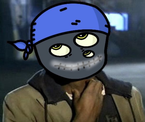 A meme image of a person with hands clasped in prayer, edited with a cartoon gray face featuring yellow eyes, stitched mouth, and a blue bandana on top.