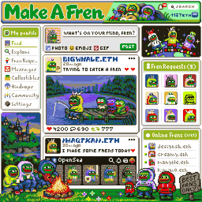 A pixel-art retro social media interface parody called 'Make A Fren' styled like an early-2000s web page, featuring posts from 'BIGWHALE.ETH' and 'IMAOTKAIH.ETH' and online users like designsk.eth and creamy.eth.
