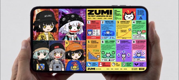 A foldable smartphone displaying a colorful, multi-panel guide for 'ZUMI - THE BEST LAUNCHPAD ON ARB,' featuring numbered steps for token launch and earnings.
