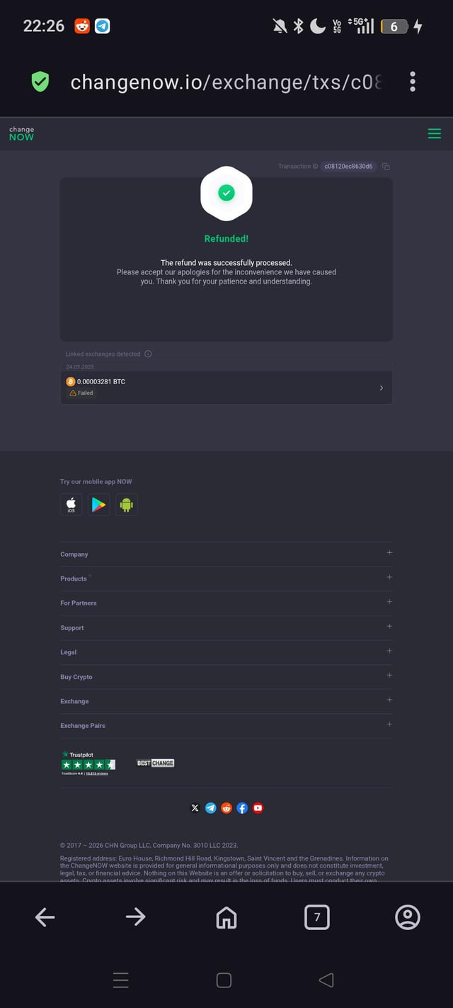 A screenshot of the changenow.io cryptocurrency exchange website showing a successful refund confirmation for Transaction ID c08120ed8630d6, with a failed linked exchange of 0.00003281 BTC.