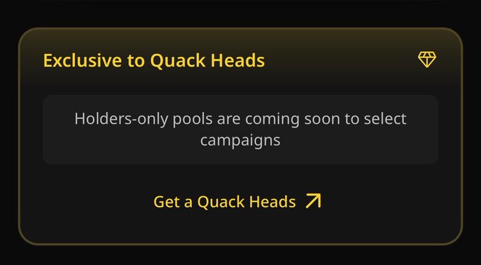 The image shows a post that says "Exclusive to Quack Heads" with an arrow pointing towards the text, which reads "Holds-only pools are coming soon to select campaigns". The post also mentions that Quack Heads will be getting a Quack Head soon.