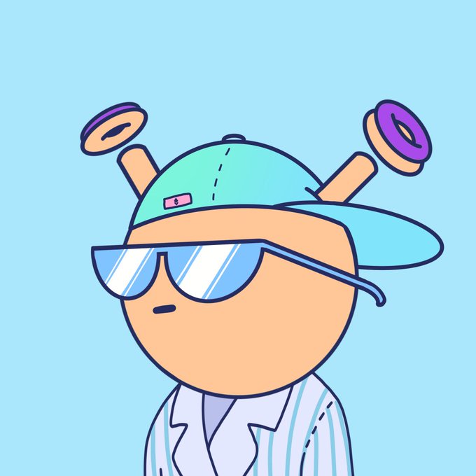 A cartoon illustration of a round-faced character wearing a backward teal cap, reflective sunglasses, and a striped white jacket, with two purple and orange donut-like objects floating above their head on a light blue background.