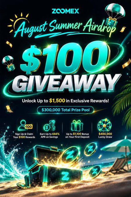 A vibrant promotional poster for Zoomex's August Summer Airdrop featuring a glowing teal "$100 GIVEAWAY" headline above a treasure chest spilling "Z" coins on a tropical beach, highlighting up to $1,500 in exclusive rewards including a $100 sign-up bonus, 666% APR savings, $1,100 first deposit bonus, and a $400,000 lucky draw from a $300,000 total prize pool.