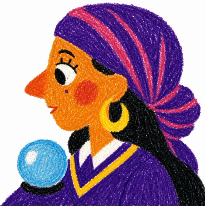 A colorful crayon-style illustration depicts a profile view of a woman with purple hair streaked in pink, orange skin, a yellow hoop earring, and a blue crystal ball in the foreground.