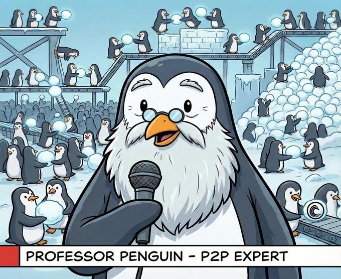 An illustrated penguin character labeled 'PROFESSOR PENGUIN - P2P EXPERT' holds a microphone while surrounded by other penguins and snowballs.