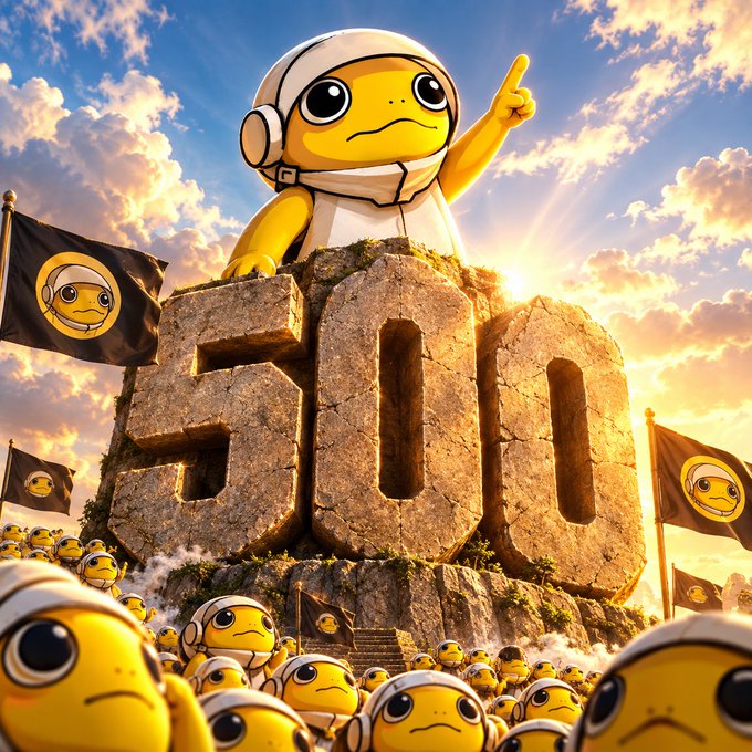 A stylized illustration features a large yellow cartoon character wearing a white helmet and headset, pointing upward while perched atop massive stone letters spelling "500," with black flags bearing the character's face and a crowd of similar smaller characters below.