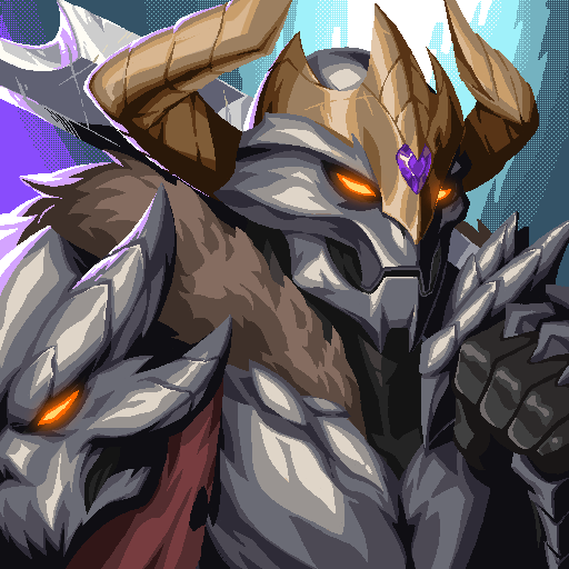 A menacing armored warrior with glowing orange eyes, large horns, a purple gem on his crown, and a wolf-like companion with matching glowing eyes, embodying the fierce "Iron Allies" NFT character the poster is eagerly awaiting to mint.