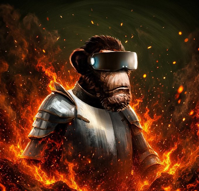 A monkey wearing metallic plate armor and a futuristic VR headset stands surrounded by intense flames and floating embers.