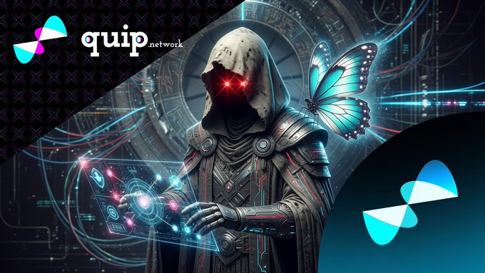 A promotional graphic for 'quip network' featuring a hooded figure with glowing red eyes and cybernetic armor, with a large blue butterfly in the background and the quip logo.