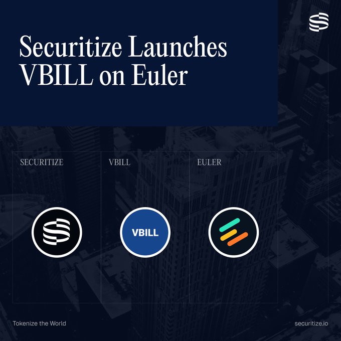 The image features a cityscape with buildings of various sizes and colors. The text "Securitize Launches VBILL on Euler" is displayed above the scene, indicating that there's an event related to cryptocurrency or blockchain technology taking place in the city. The image also includes three logos representing different companies: one for "VBILL", another for "Euler", and a third logo for "Securitize". These logos are likely used as part of promotional materials or advertisements for these respective companies.