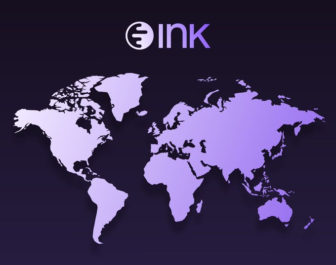 A promotional graphic for 'INK' featuring a purple world map on a dark background, likely a crypto or blockchain project.