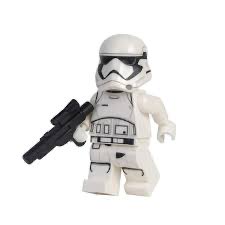 A LEGO Star Wars First Order Stormtrooper minifigure holding a black blaster, posed against a white background.