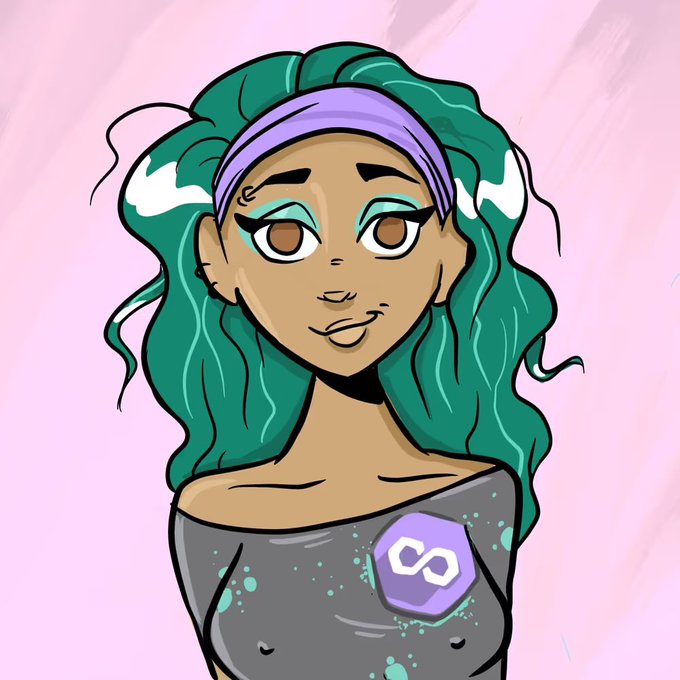 A stylized illustration of a woman with flowing green hair and a purple headband, wearing a gray off-shoulder top featuring the Polygon (MATIC) logo, matching the METAVIXEN Polygon NFT (#148) announcement by owner @msjennshaw.