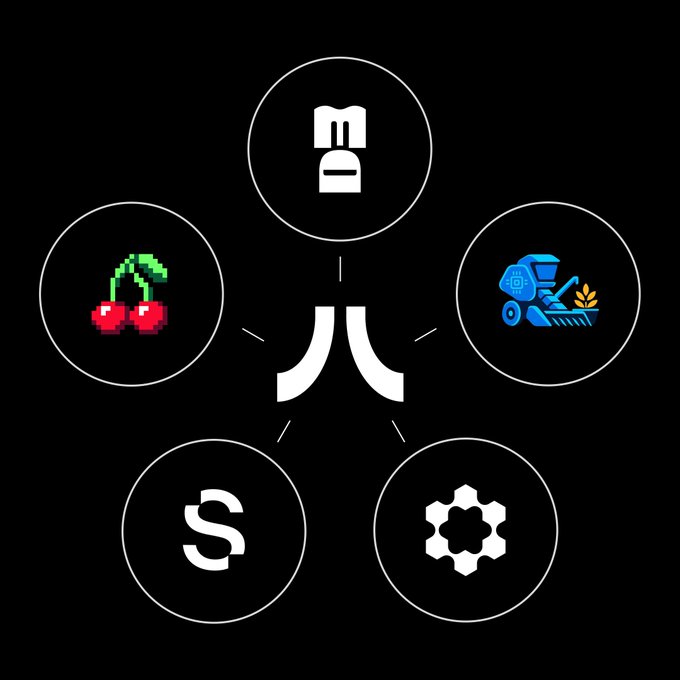 The image features a black background with five circles of varying sizes arranged in a circular pattern. Each circle contains an icon representing different aspects related to Tramplin, such as "Solanamobile", "@sns", "@cherrydotfun", "@MonkeDAO", and "@yieldai_app". The text "Tramplin is just 4 months old, and we’re proud to have partnered with leading teams across the @solana ecosystem" is written in white at the bottom of the image.